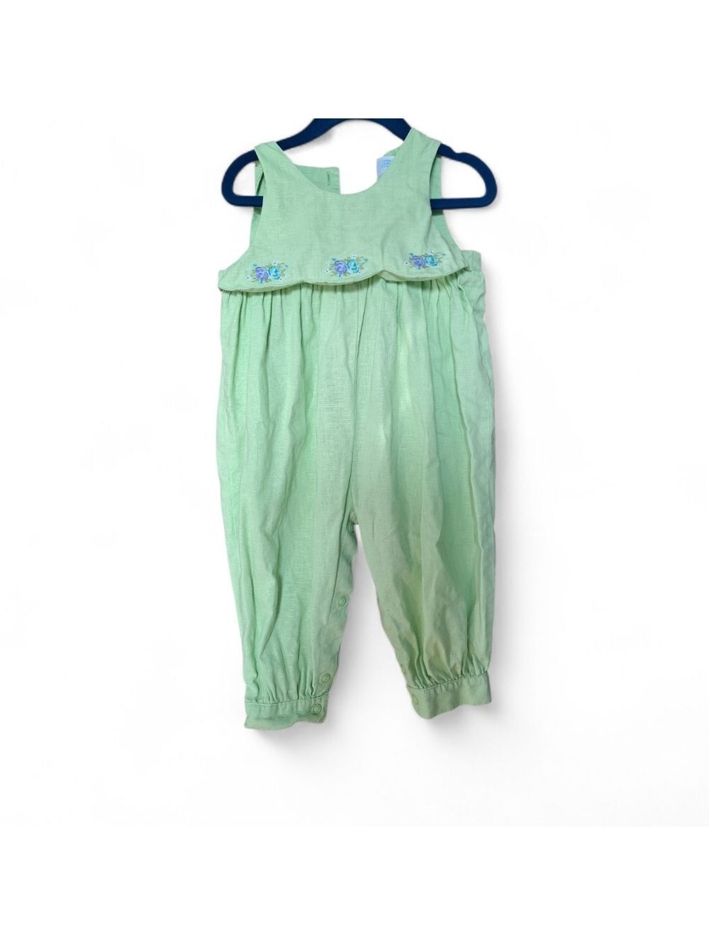 Vintage Linen Cotton Baby Romper Green | 18 Months | Floral Detail